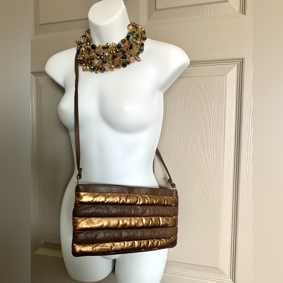 VTG 80s Leather Puffy Padded Quilted Clutch Bag Purse ~ Metallic Gold & Brown - Picture 3 of 12